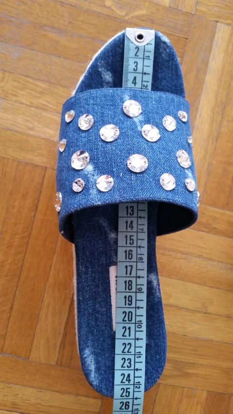Miu Miu Crystal Embellished Distressed Denim Platform Mules