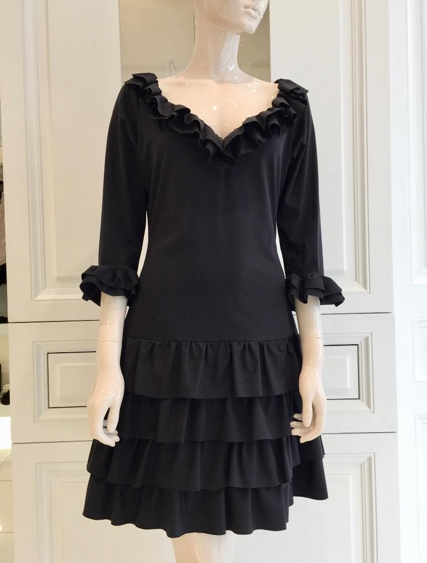 Bespoke French Couture Black Lycra Frill Dress
