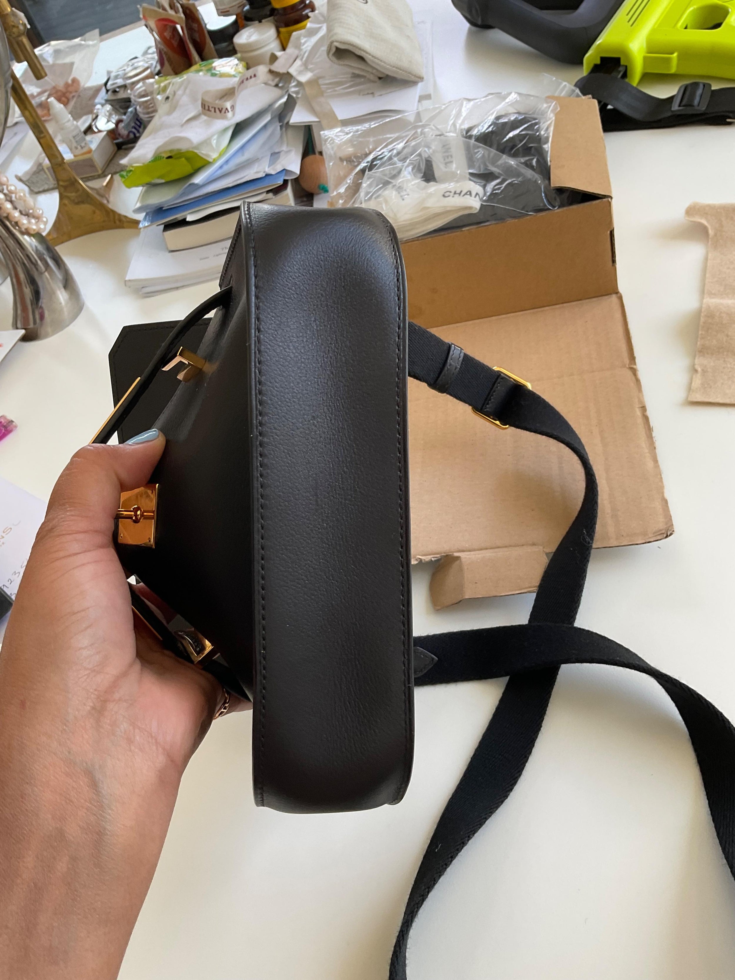 Hermes Black Evergrain  Leather Mini Jypsiere with Gold Hardware