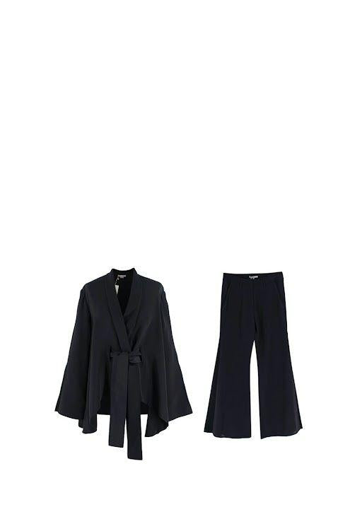 Black Embroidered Silk-Satin Kimono Jacket & Trousers