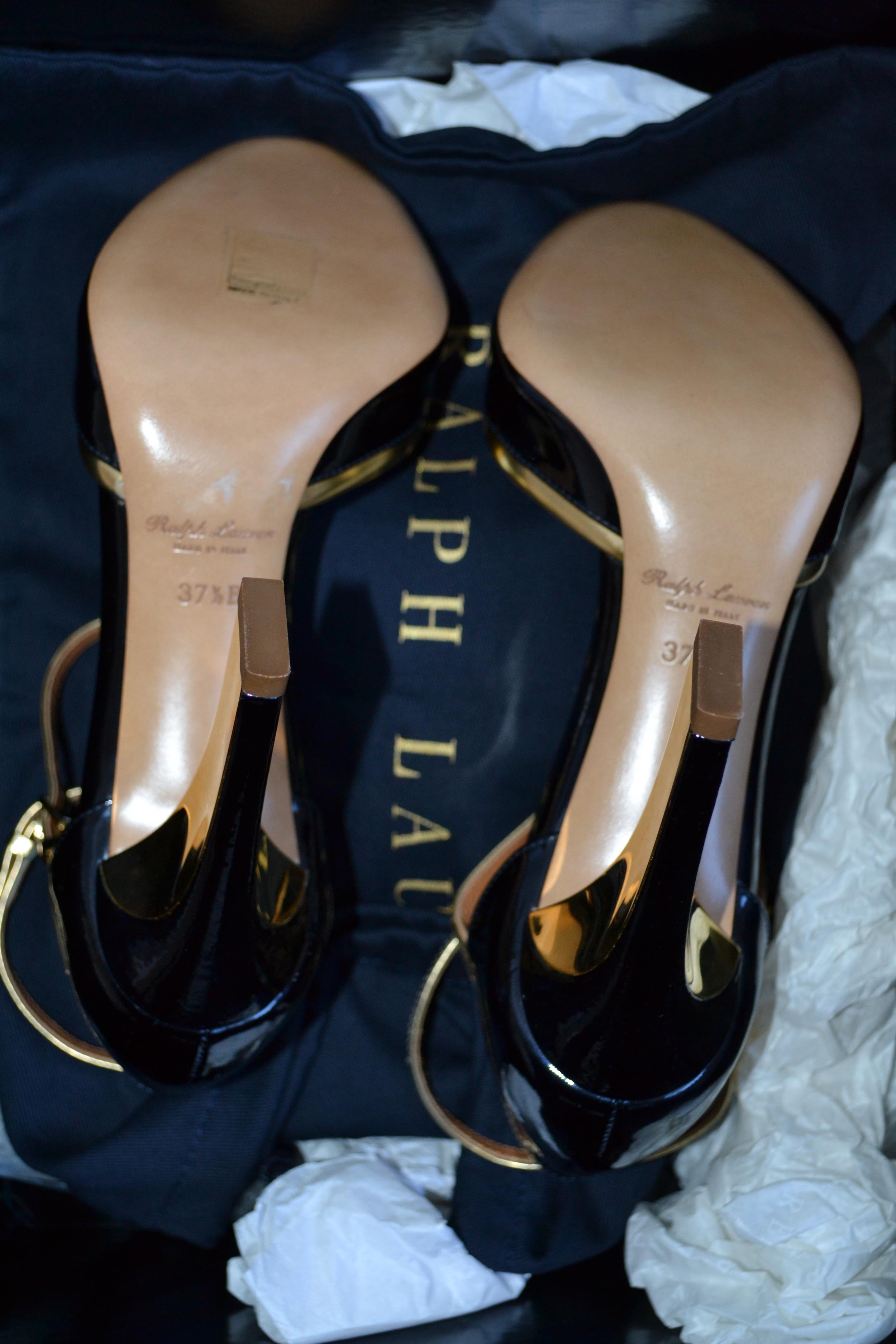 Ralph Lauren Collection  Navy Patent Heeled Ankle Strap Shoes