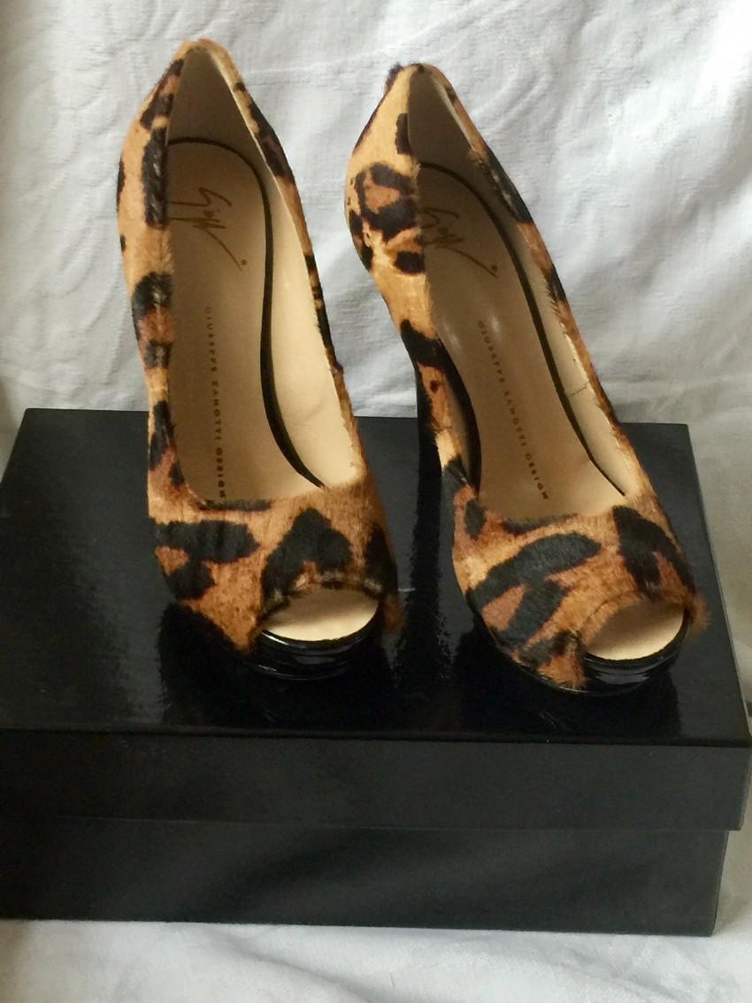 Giuseppe Zanotti Pony Hair Leopard Print Peep Toe Pumps