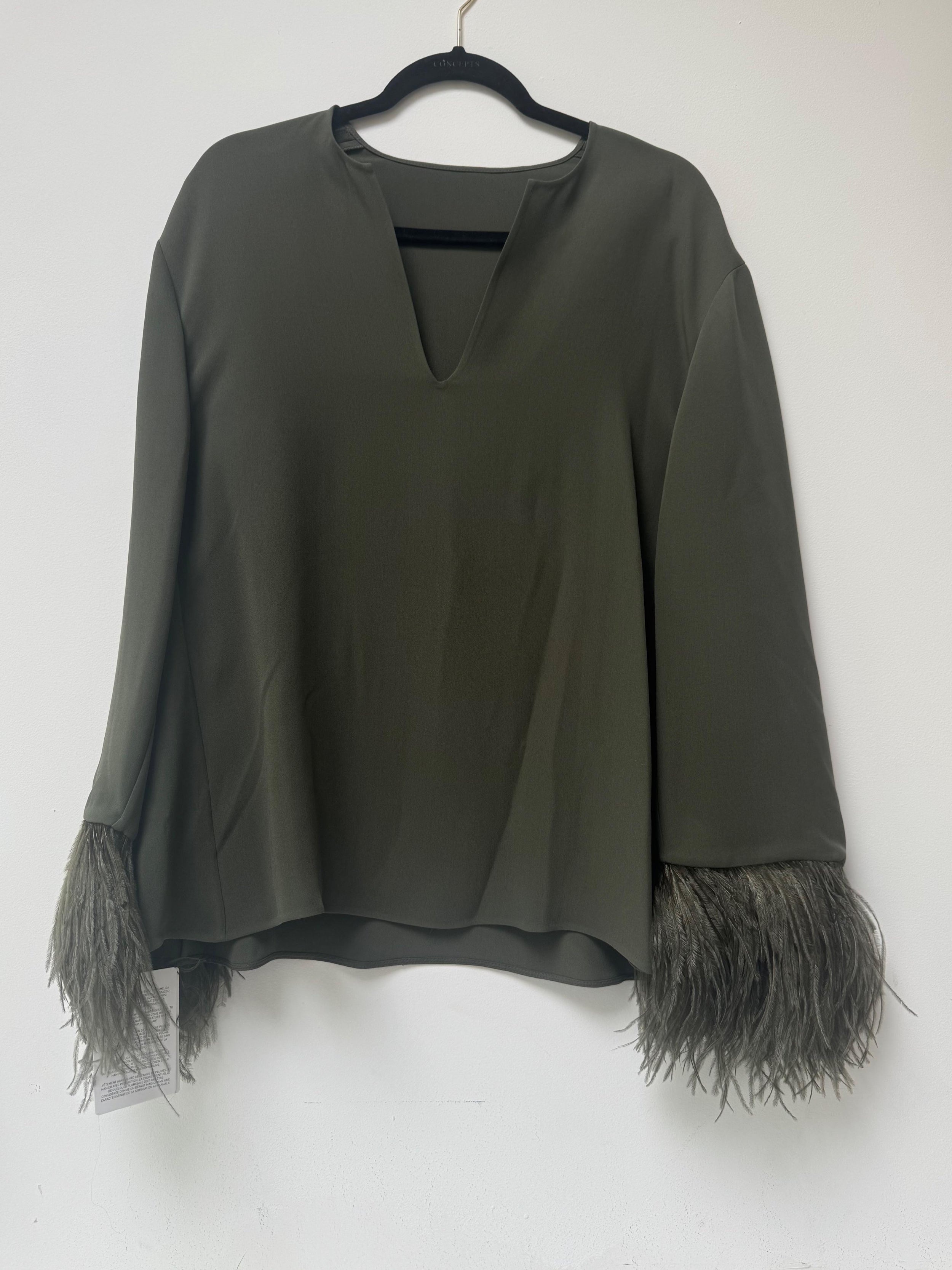 Valentino Khaki Silk Blouse with Feather Trim