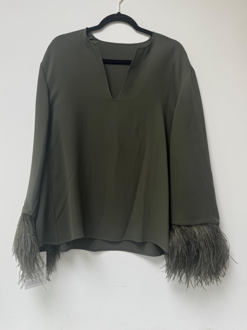 Valentino Khaki Silk Blouse with Feather Trim