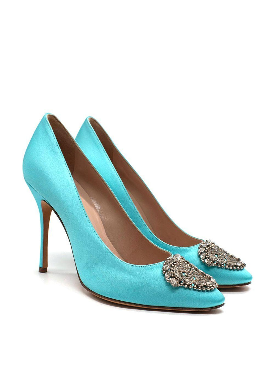 Manolo Blahnik Okkava 105 Turquoise Satin Heels