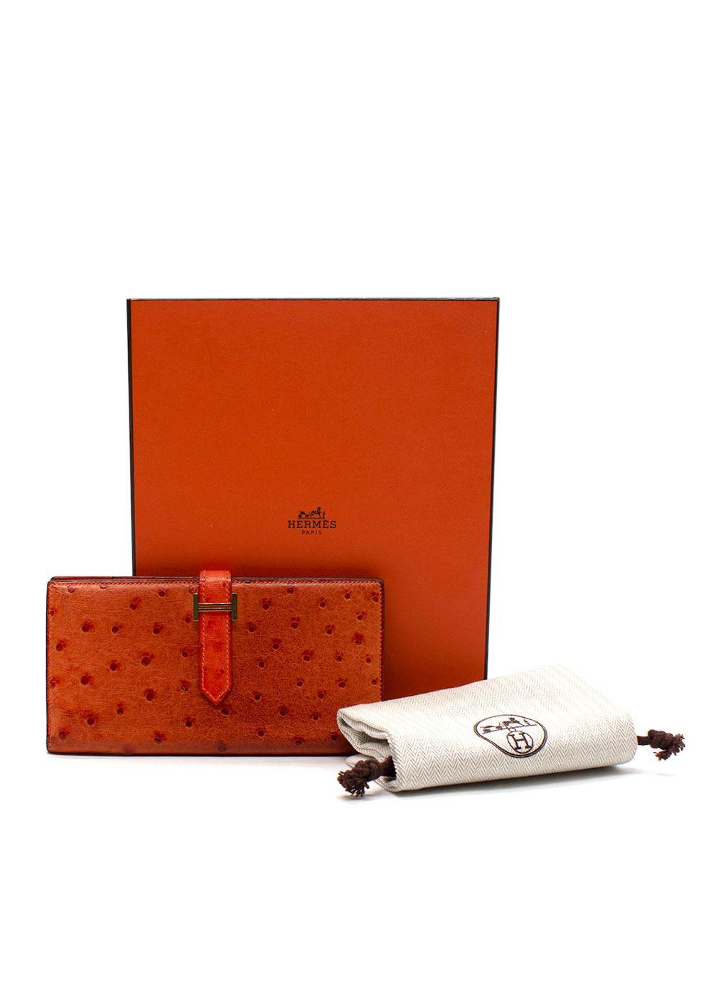 Hermes Orange Ostrich Bearn Wallet with Gold Hardware