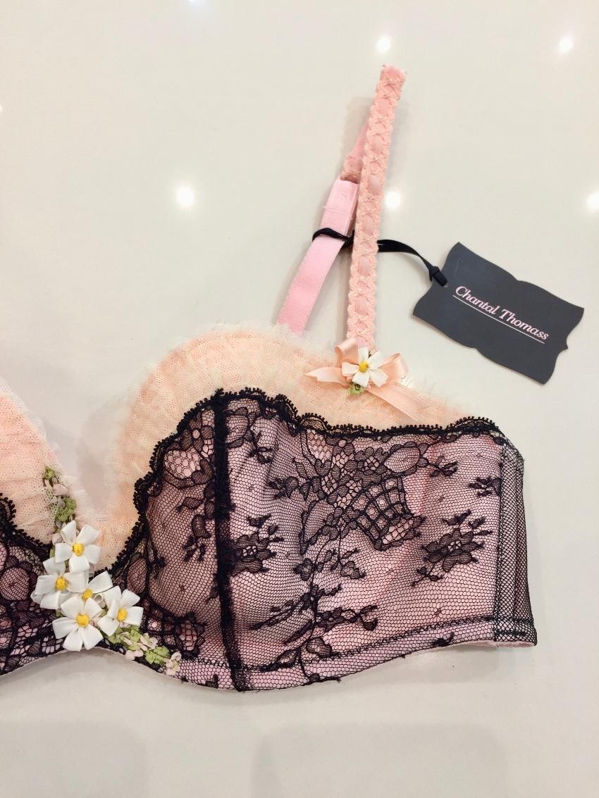 Chantal Thomass Pink Tulle & Black Leavers Lace Hand Embroidered Daisy Set