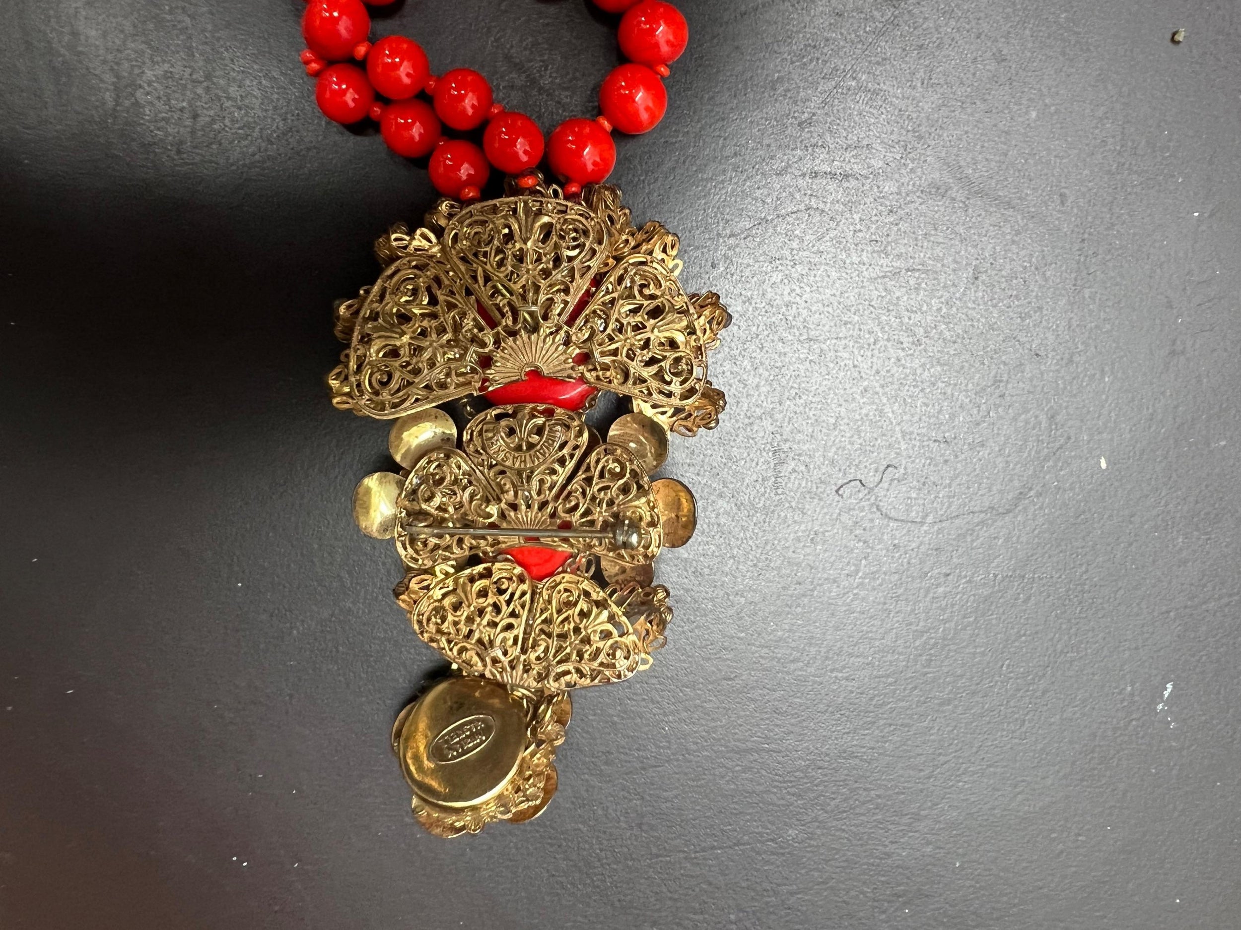 Miriam Haskell Red Three Strand Glass Bead Necklace