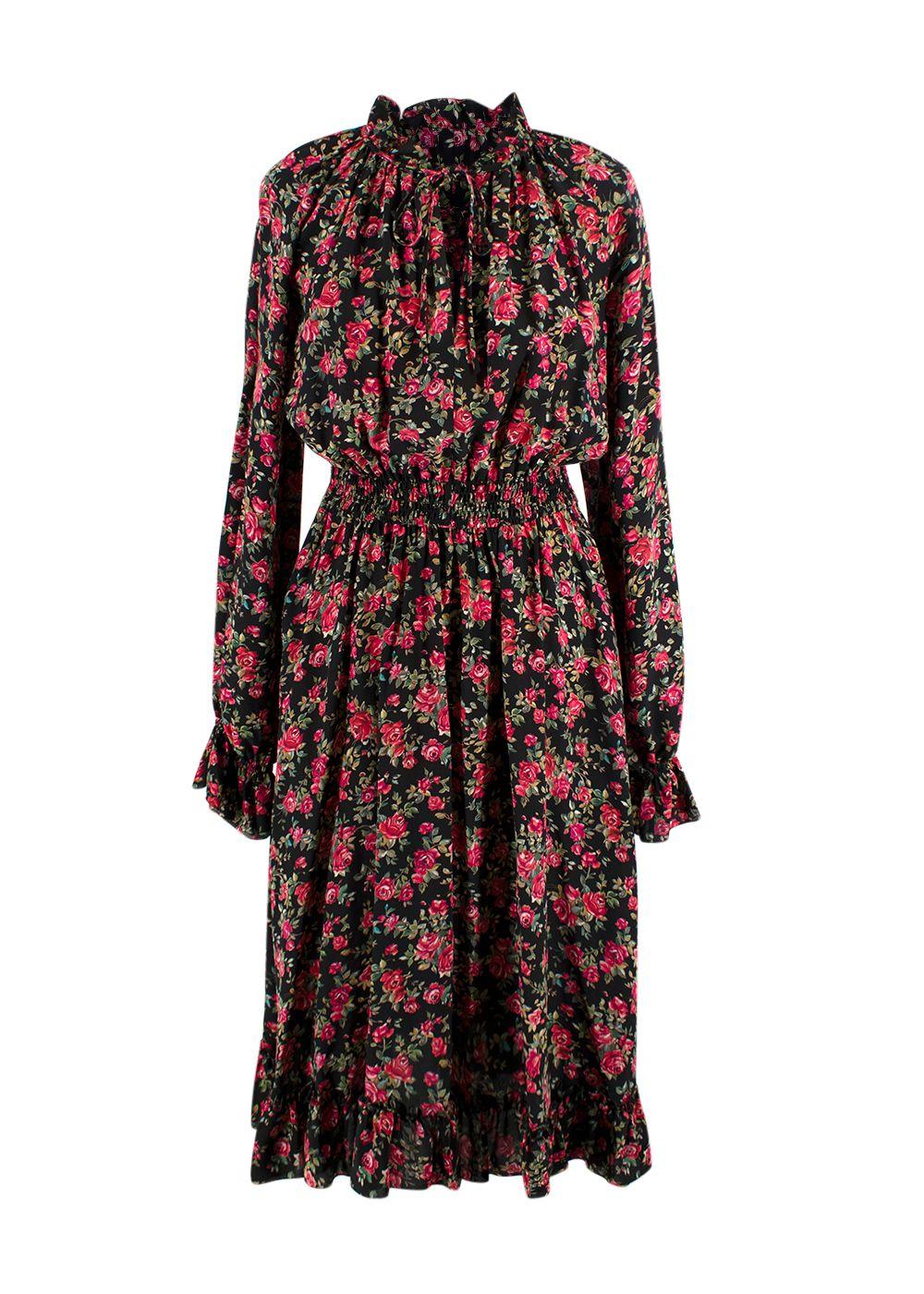 Dolce & Gabbana Black and Rose Floral Midi Silk Dress