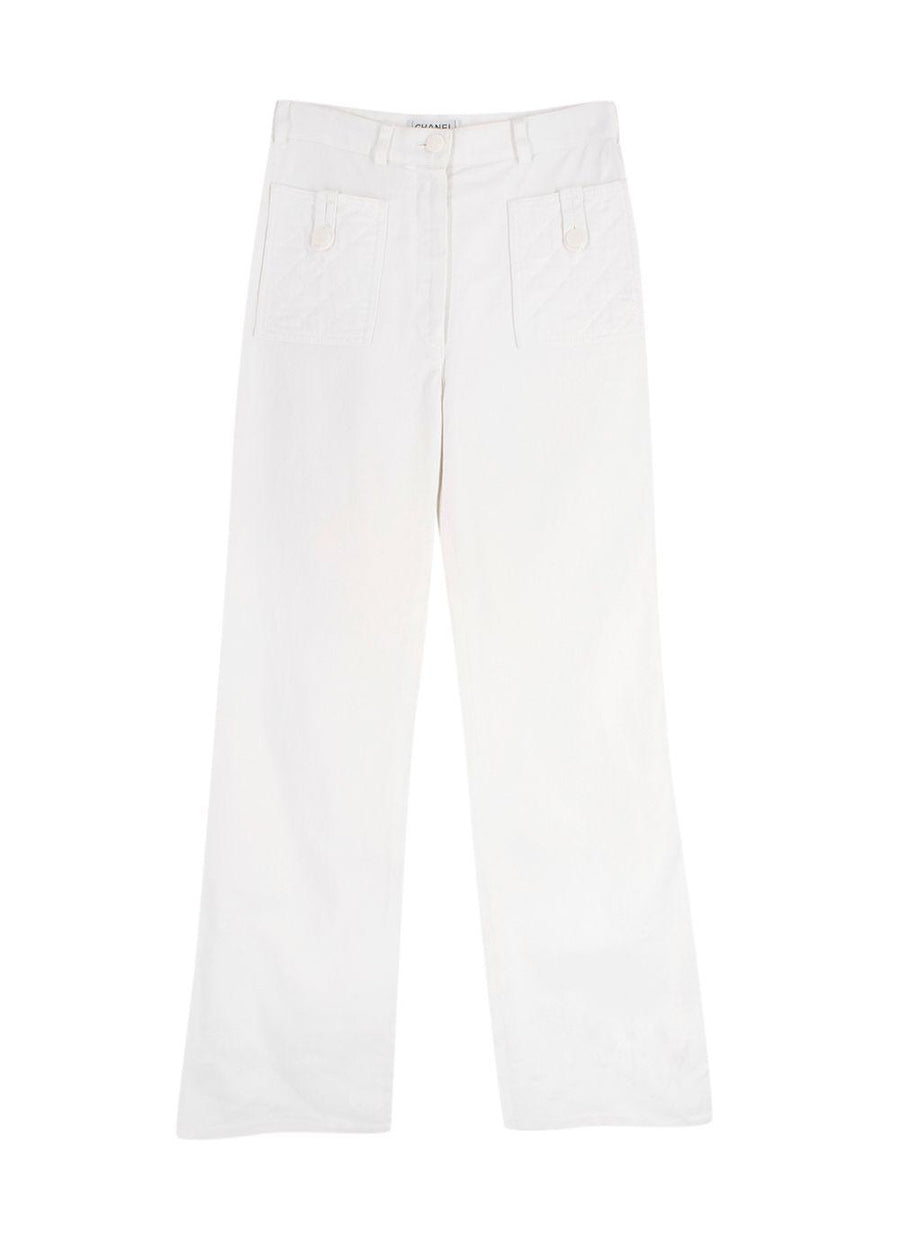 Quilted Pocket Detail White Cotton Jeans