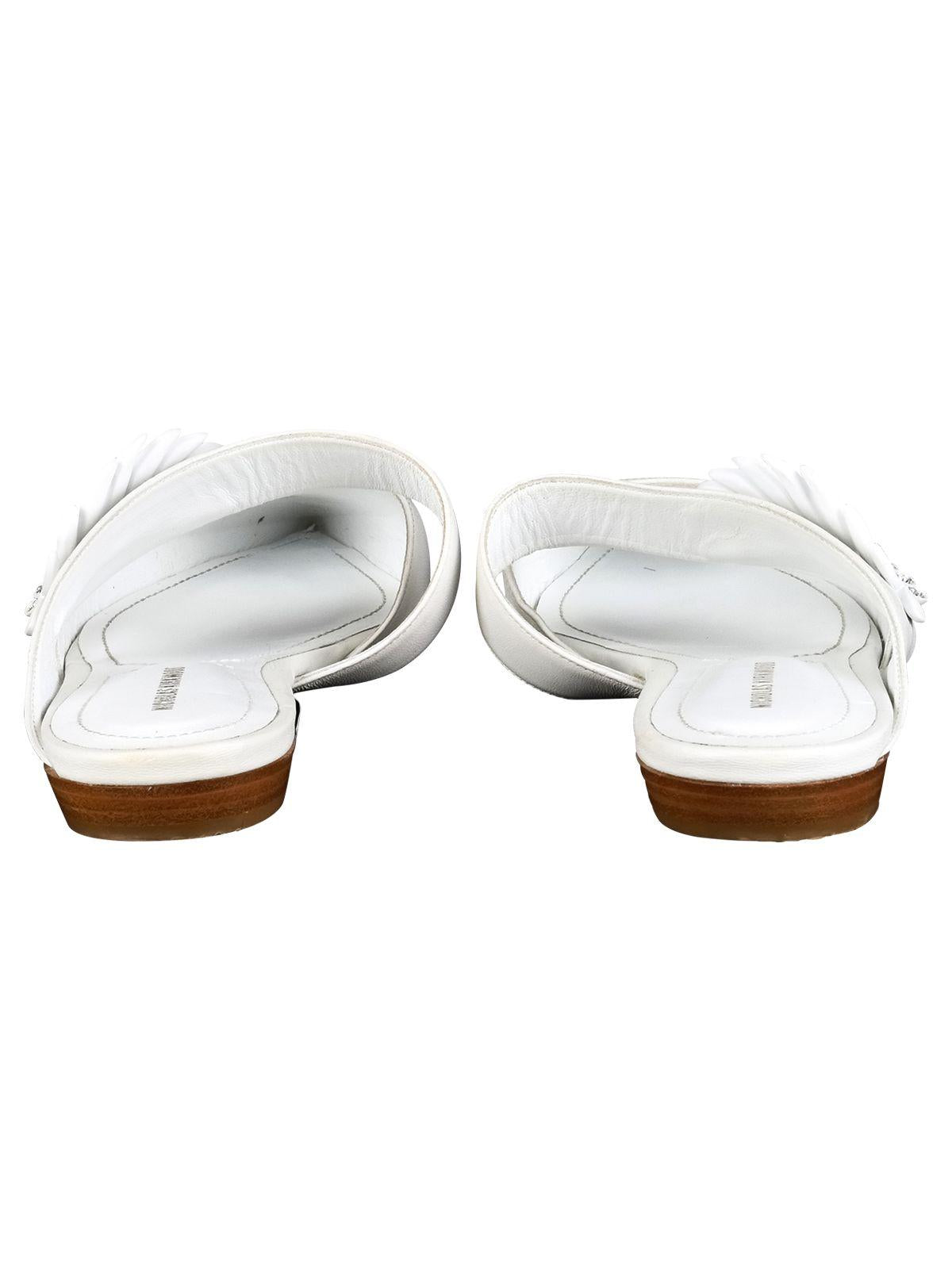 White leather & crystal Monstera flat mules
