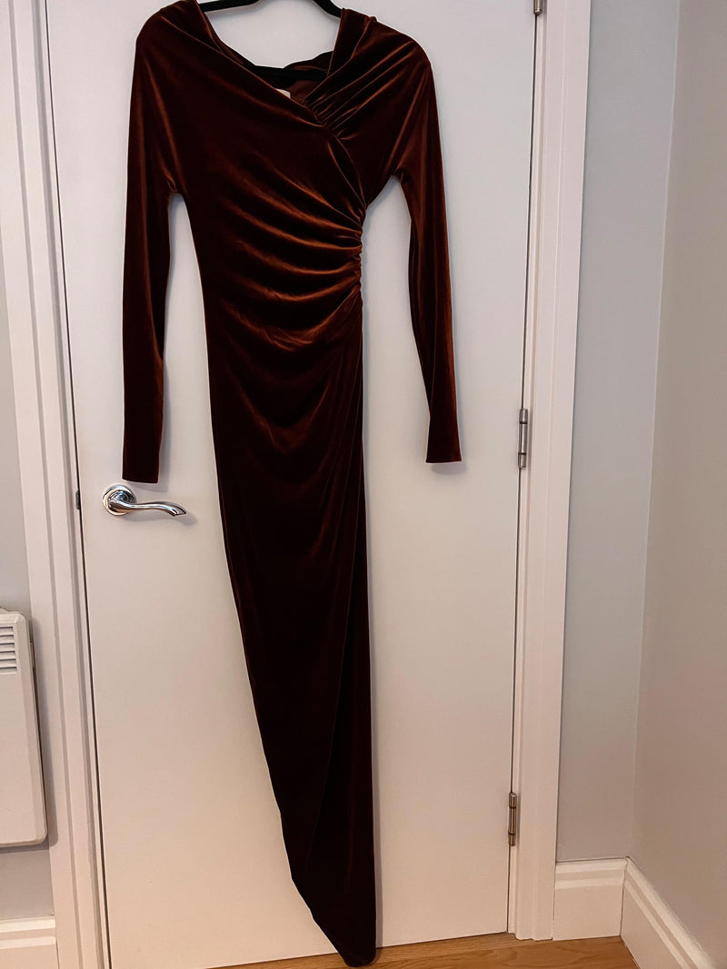 Cinnamon Velvet Long Off-Shoulder Dress