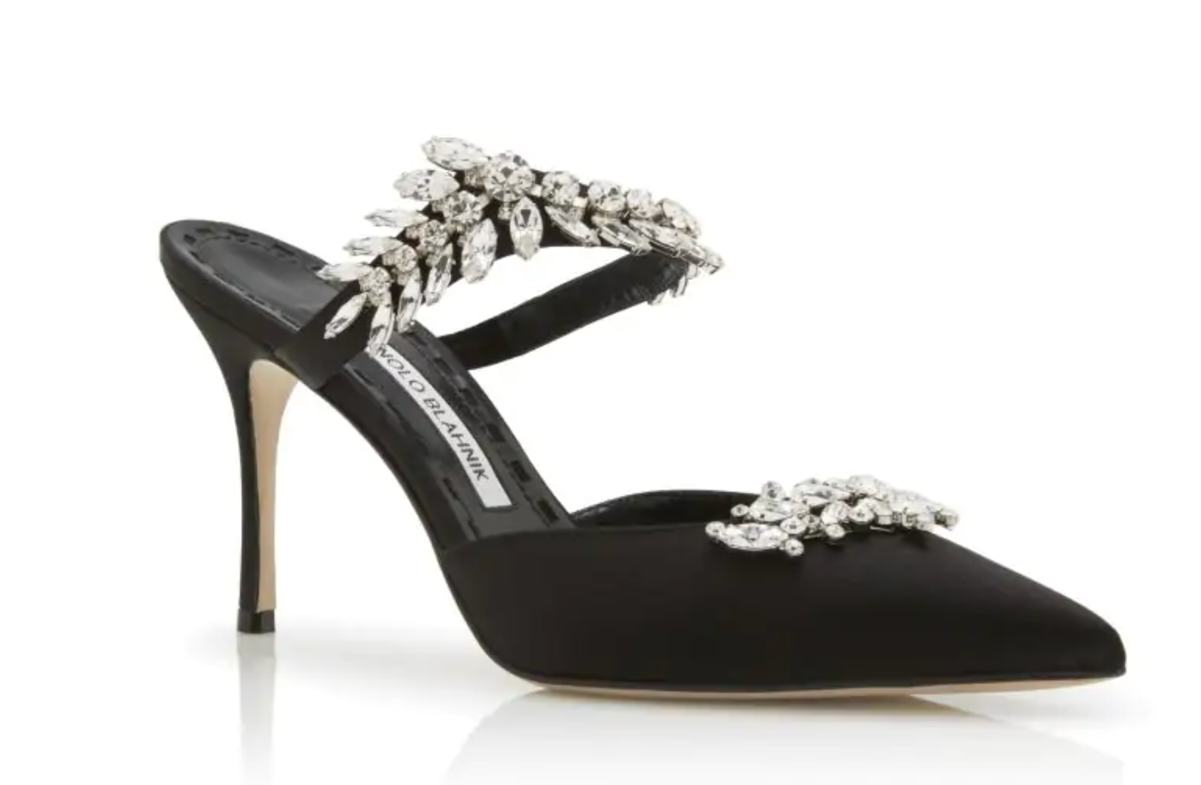 Manolo Blahnik Black Satin Crystal Embellished Mules