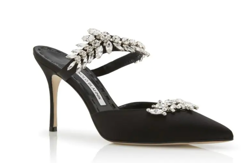 Manolo Blahnik Black Satin Crystal Embellished Mules