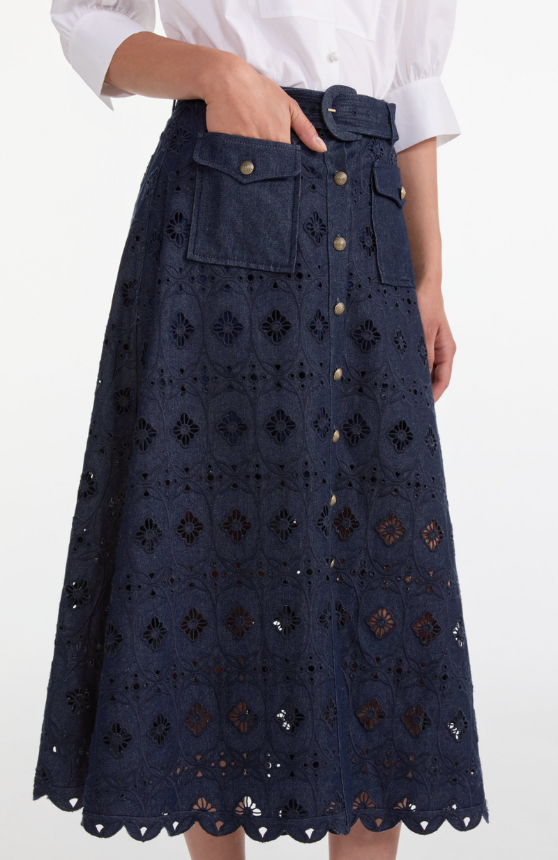 Saloni Denim Embroidered Kali Midi Skirt