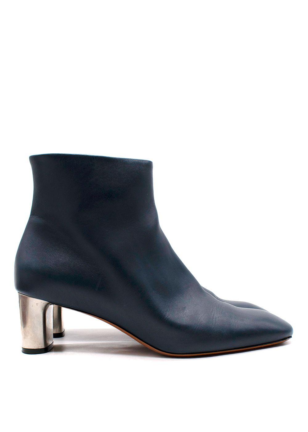 Celine Navy Leather Silver Brushed Heel Ankle Boot