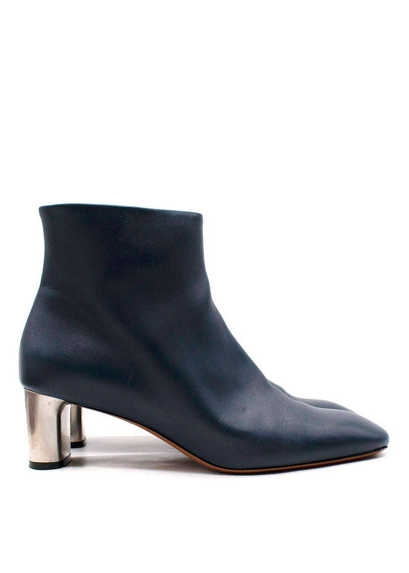 Celine Navy Leather Silver Brushed Heel Ankle Boot