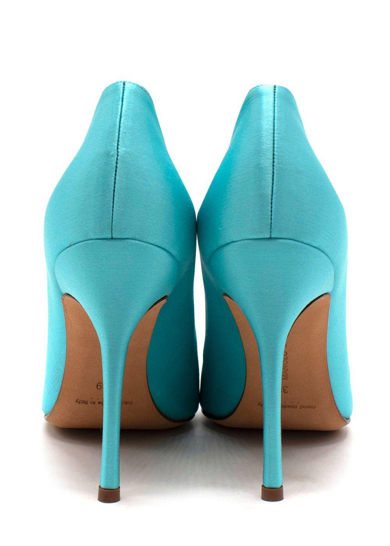 Manolo Blahnik Okkava 105 Turquoise Satin Heels