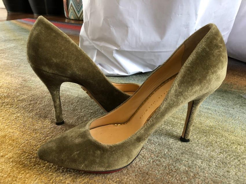 Charlotte Olympia Khaki Velvet Pumps