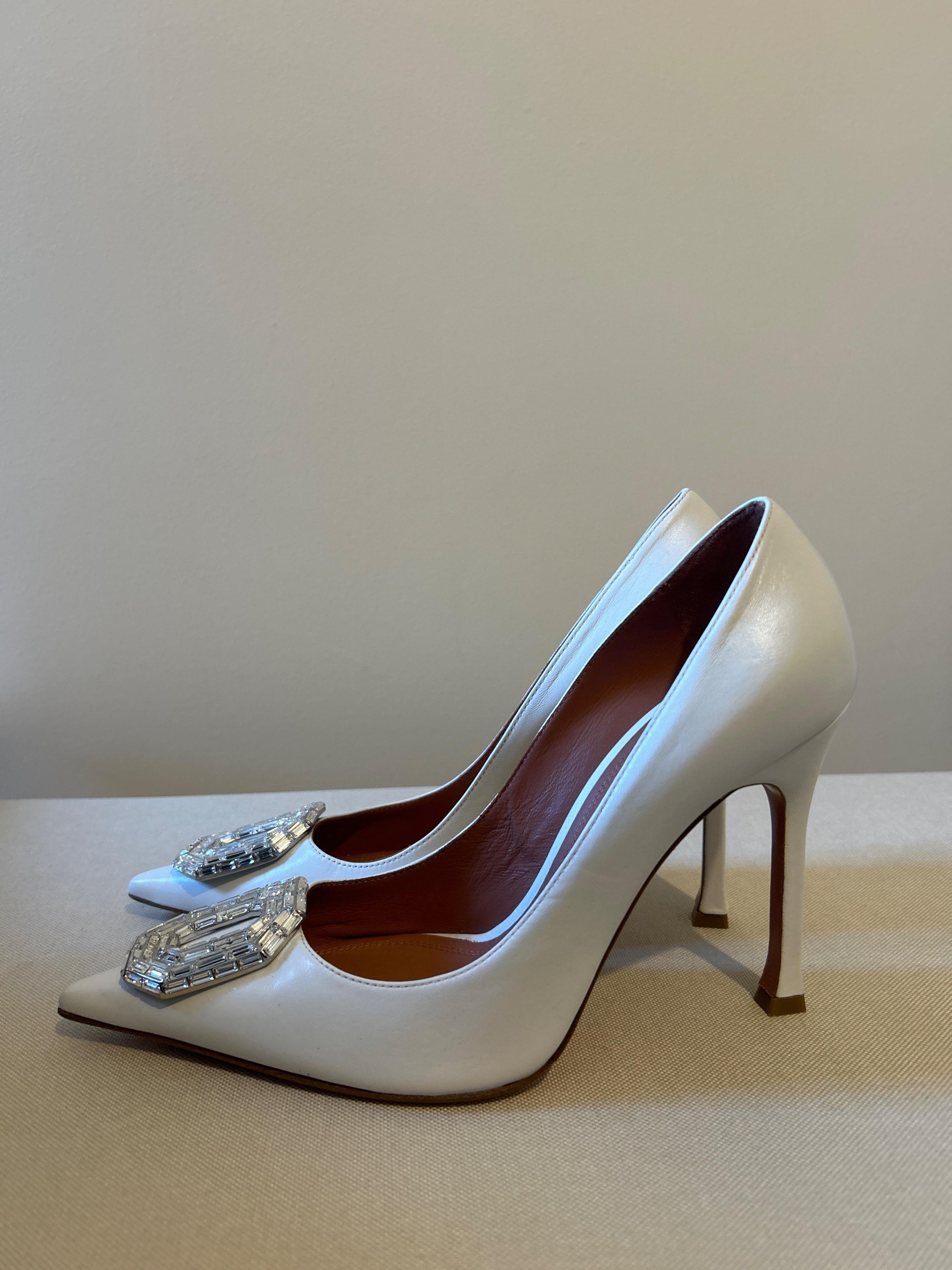 Amina Muaddi White Leather Camelia Pumps