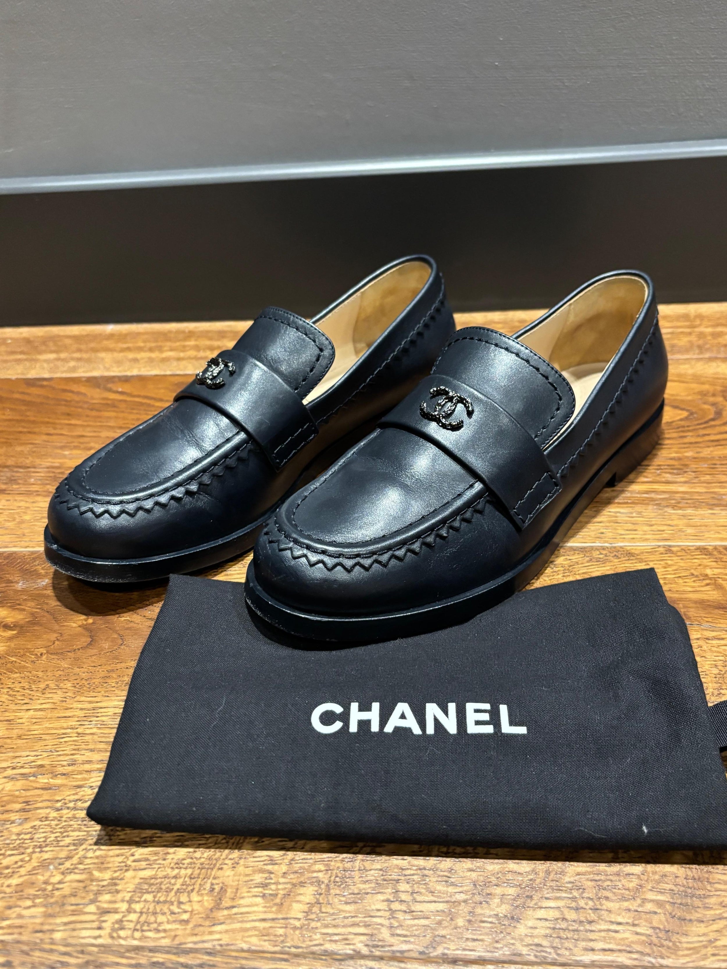 Chanel Navy Leather Moccasins