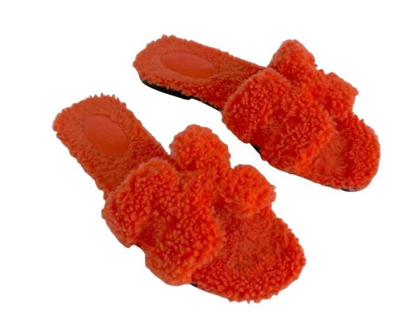 Hermes Orange Shearling Oran Sandals