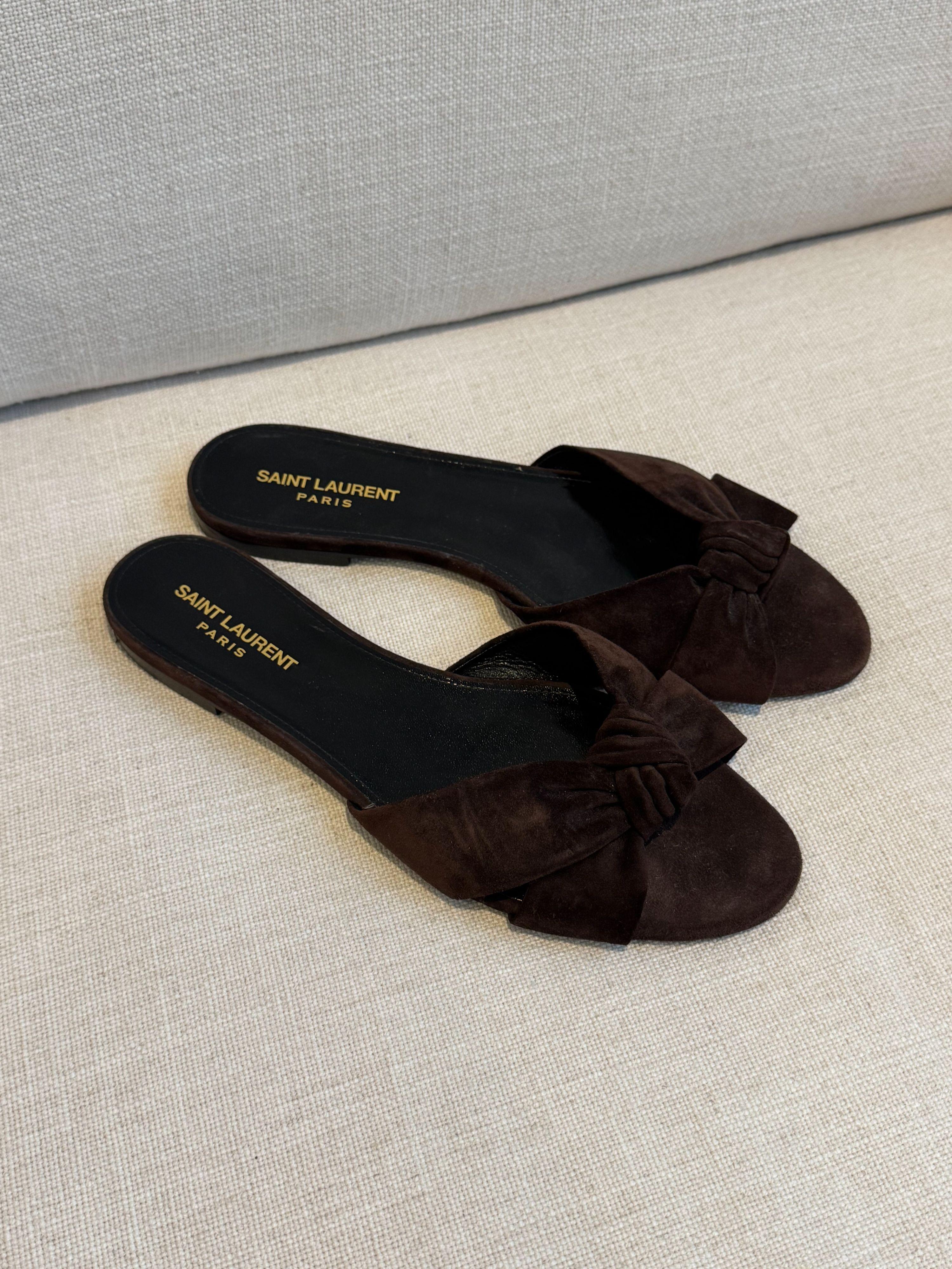Saint Laurent Brown Suede Bianca Flat Sandals