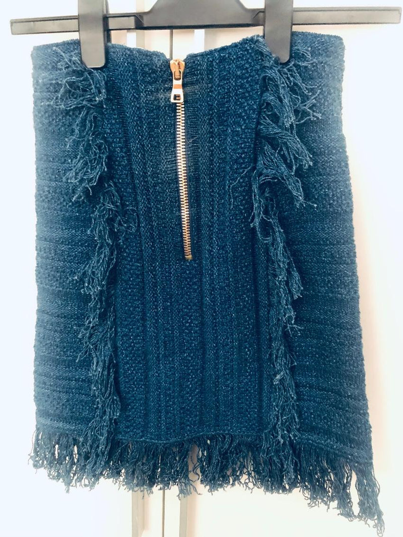 Balmain Frayed Button-embellished Tweed Mini Skirt In Blue