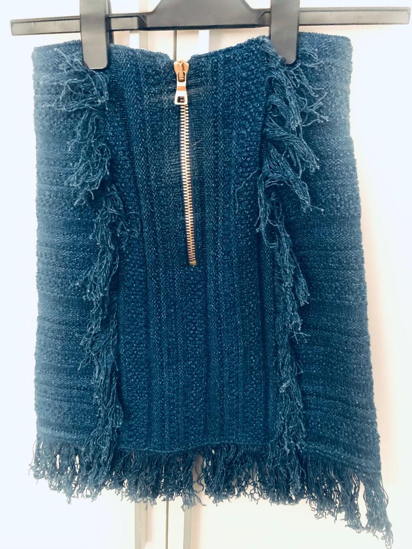 Balmain Frayed Button-embellished Tweed Mini Skirt In Blue