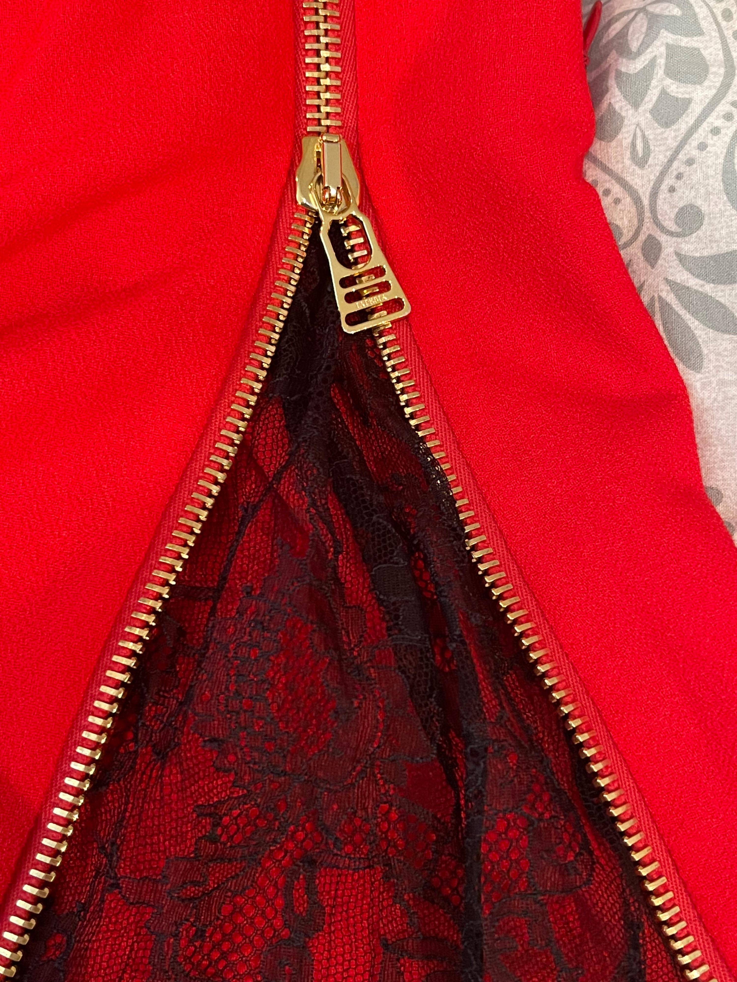 Red crepe &  black lace cocktail dress