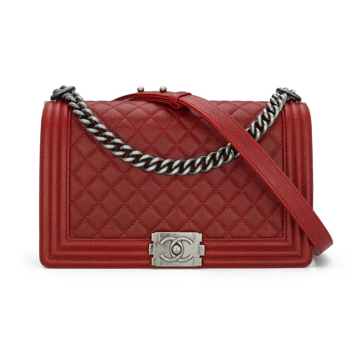Chanel Red Caviar Leather Medium Boy Bag