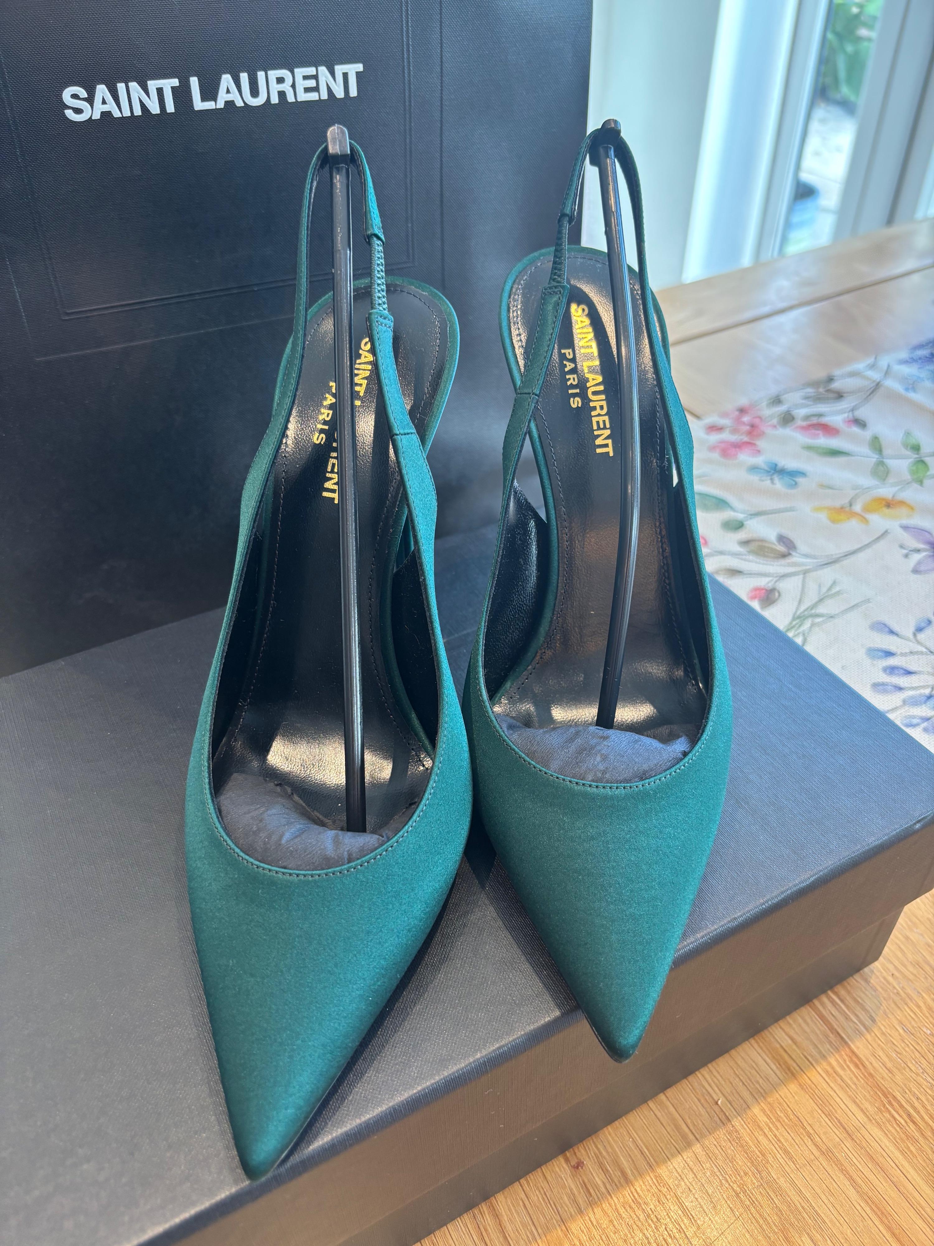 Saint Laurent Dorian Green Satin Heeled Slingback Shoes