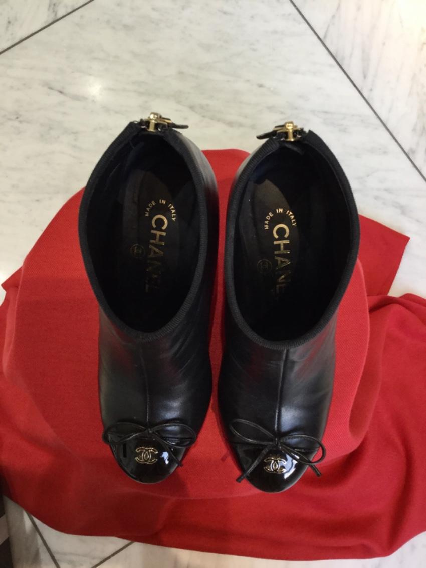 Chanel Black Patent Cap Toe Leather Ankle Boots