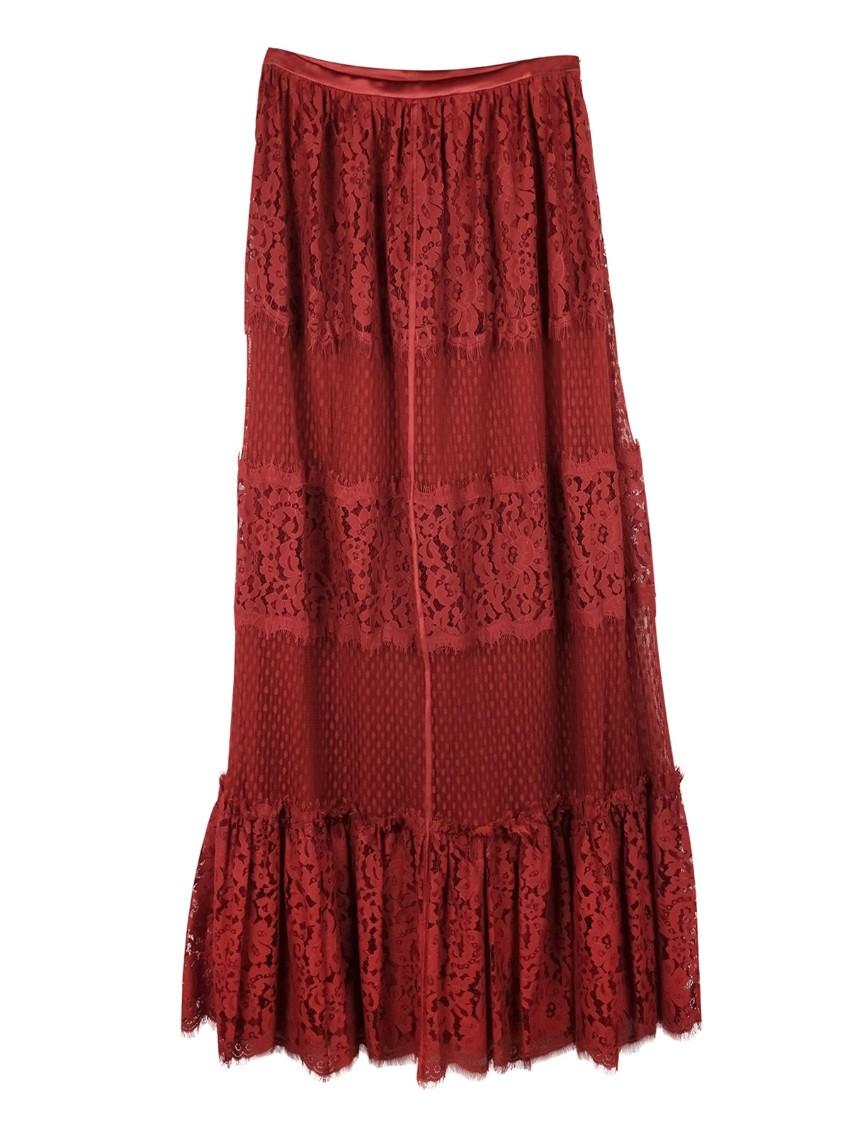 Temperley Dark Red Constance Lace Panelled Skirt