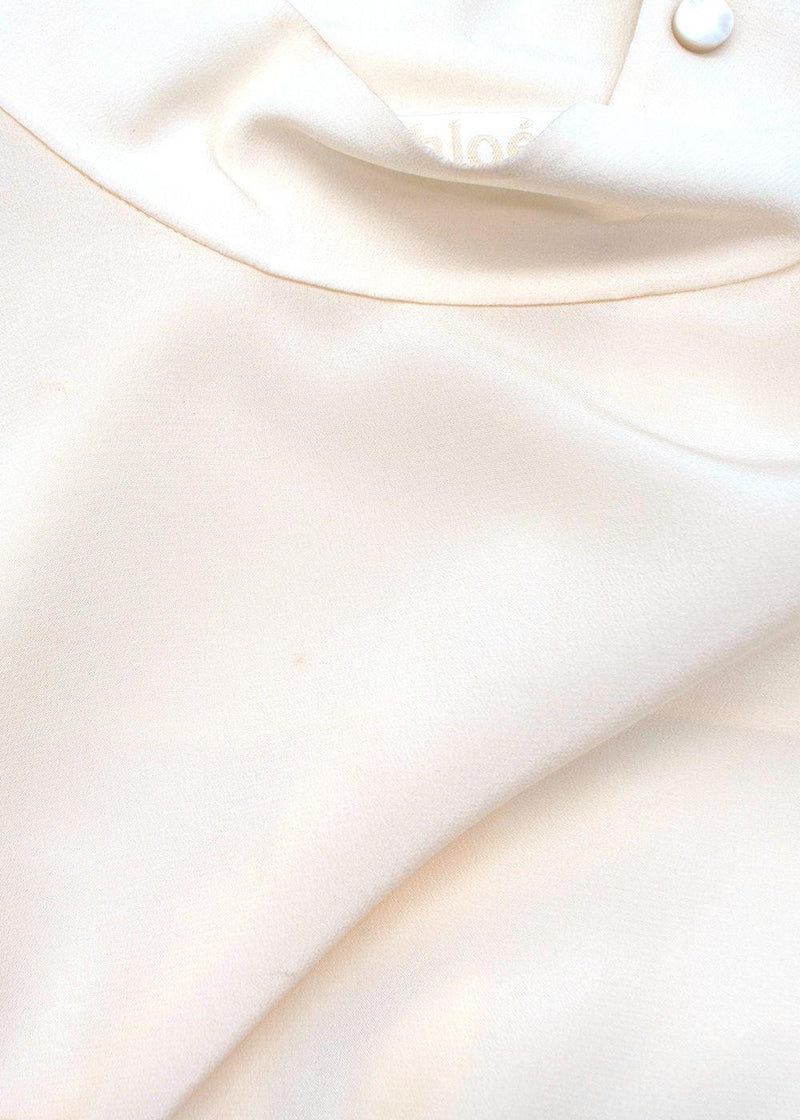 High Neck Shoulder Button Cream Silk Blouse