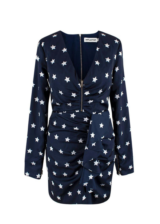 Self Portrait Navy Star Print Ruffle Mini Dress