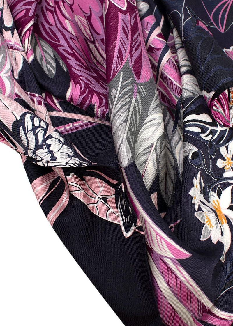 Hermes Navy and Pink Floral Print Silk Lightweight Open Scarf Blouse