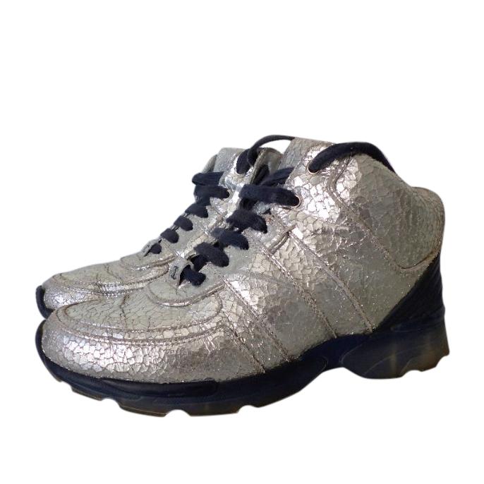 Chanel Metallic Crackled Silver Leather Sneakers