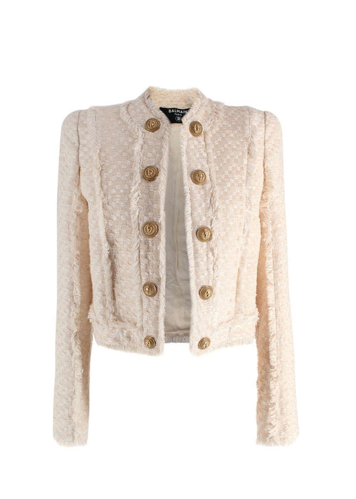 Balmain Cream Woven Open Front Jacket with Gold Button Detail