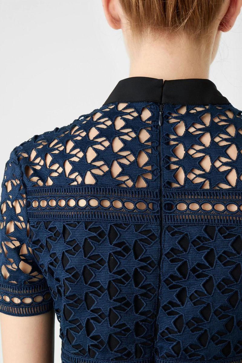 Navy Blue Star Lace Short Sleeved Blouse