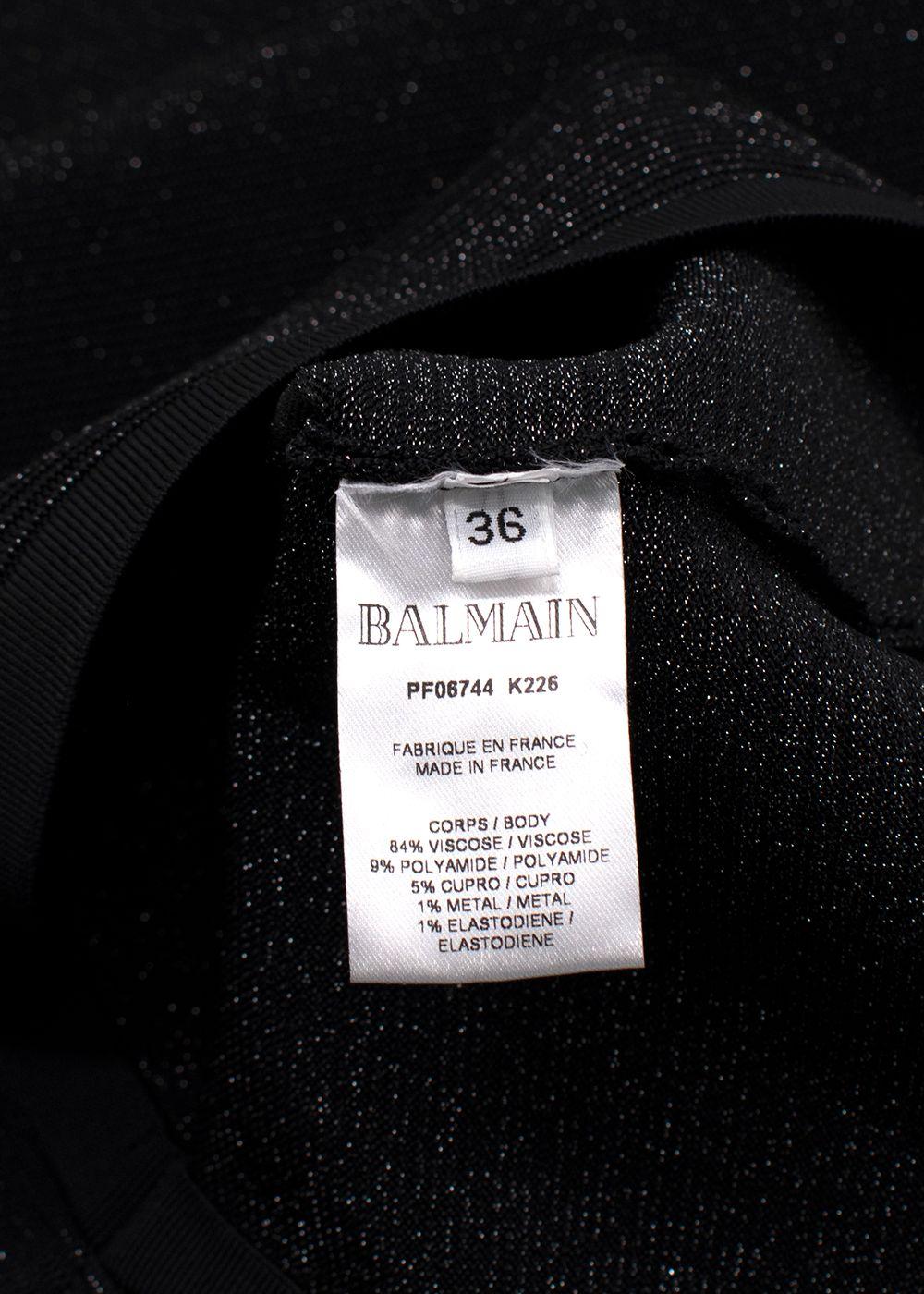 Balmain Black Metallic Ribbed Midi Dress with Silver Button Detail