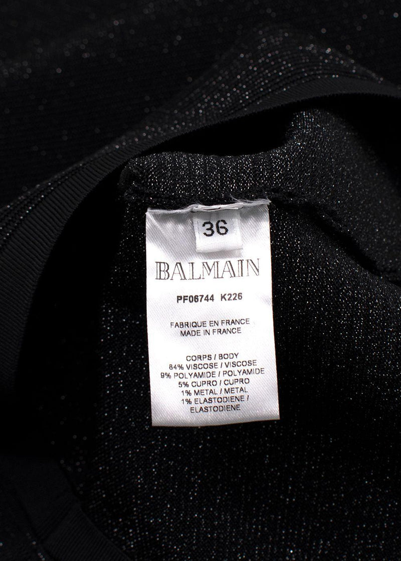 Balmain Black Metallic Ribbed Midi Dress with Silver Button Detail