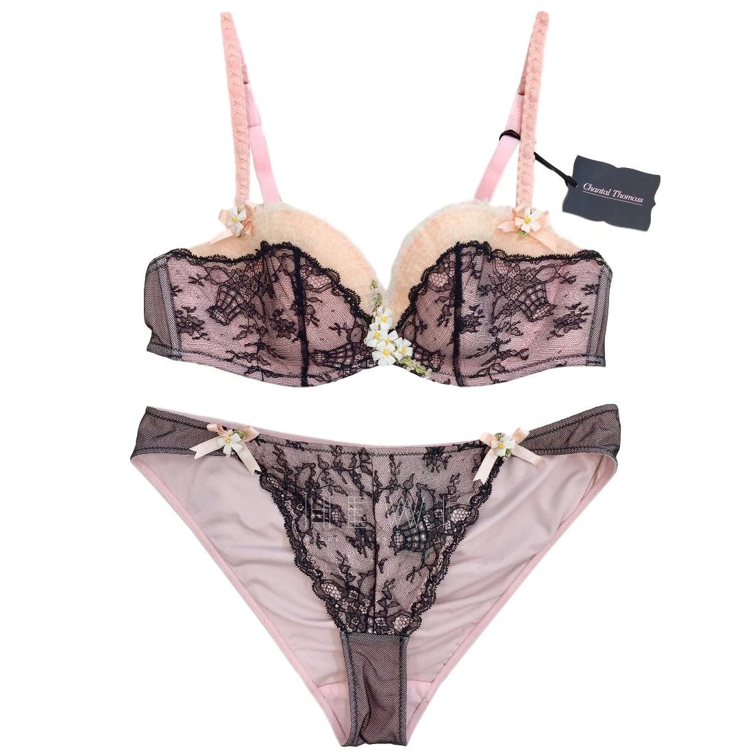 Chantal Thomass Pink Tulle & Black Leavers Lace Hand Embroidered Daisy Set