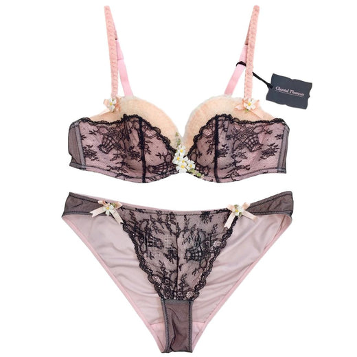 Chantal Thomass Pink Tulle & Black Leavers Lace Hand Embroidered Daisy Set