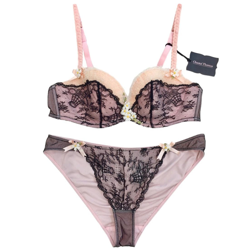 Chantal Thomass Pink Tulle & Black Leavers Lace Hand Embroidered Daisy Set
