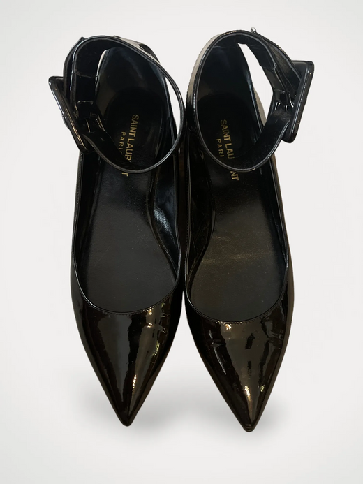 Saint Laurent Black Patent Leather Buckle Strap Ballet Flats