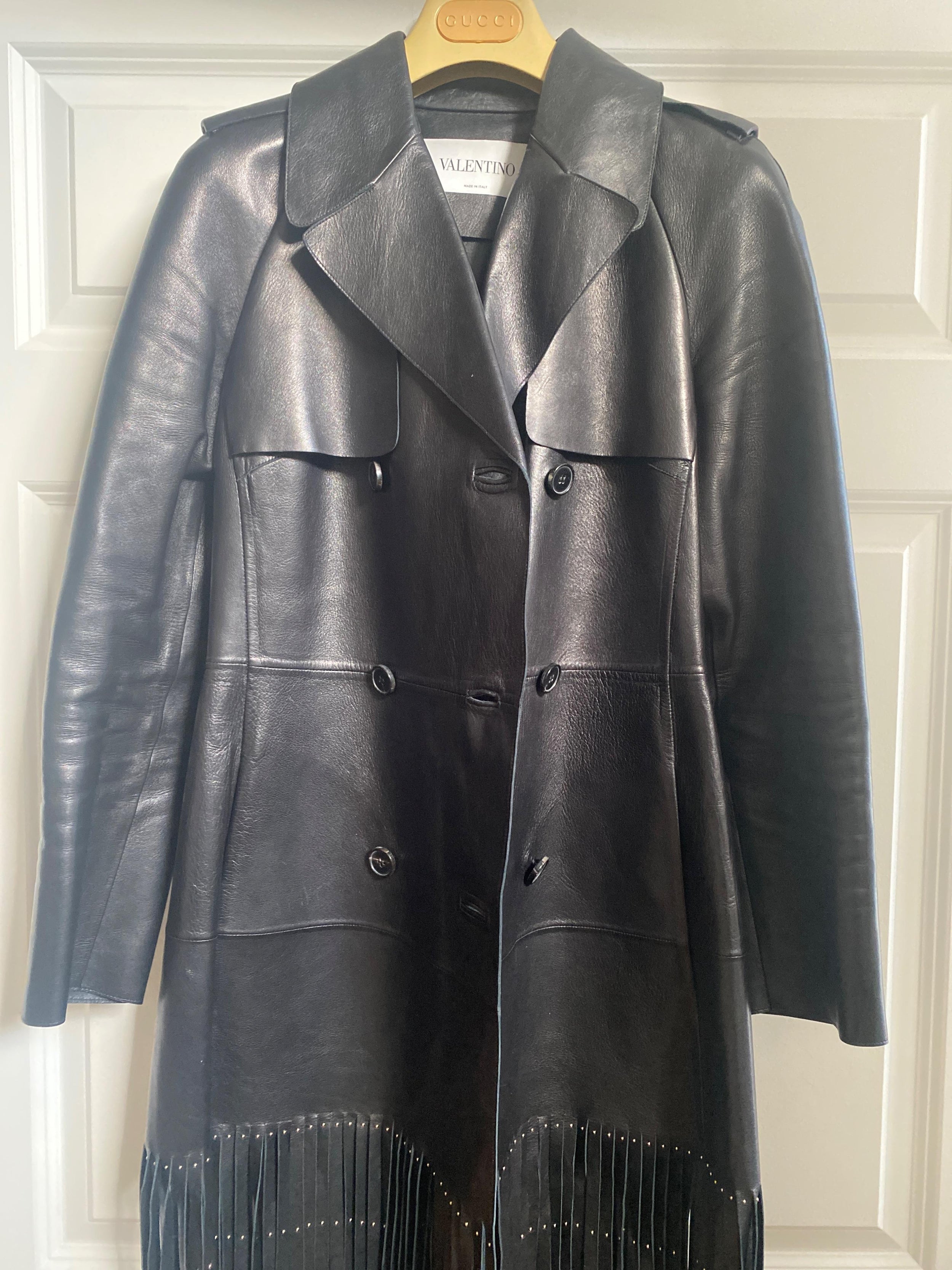 Valentino Black Leather Trench Coat with Fringe Detail
