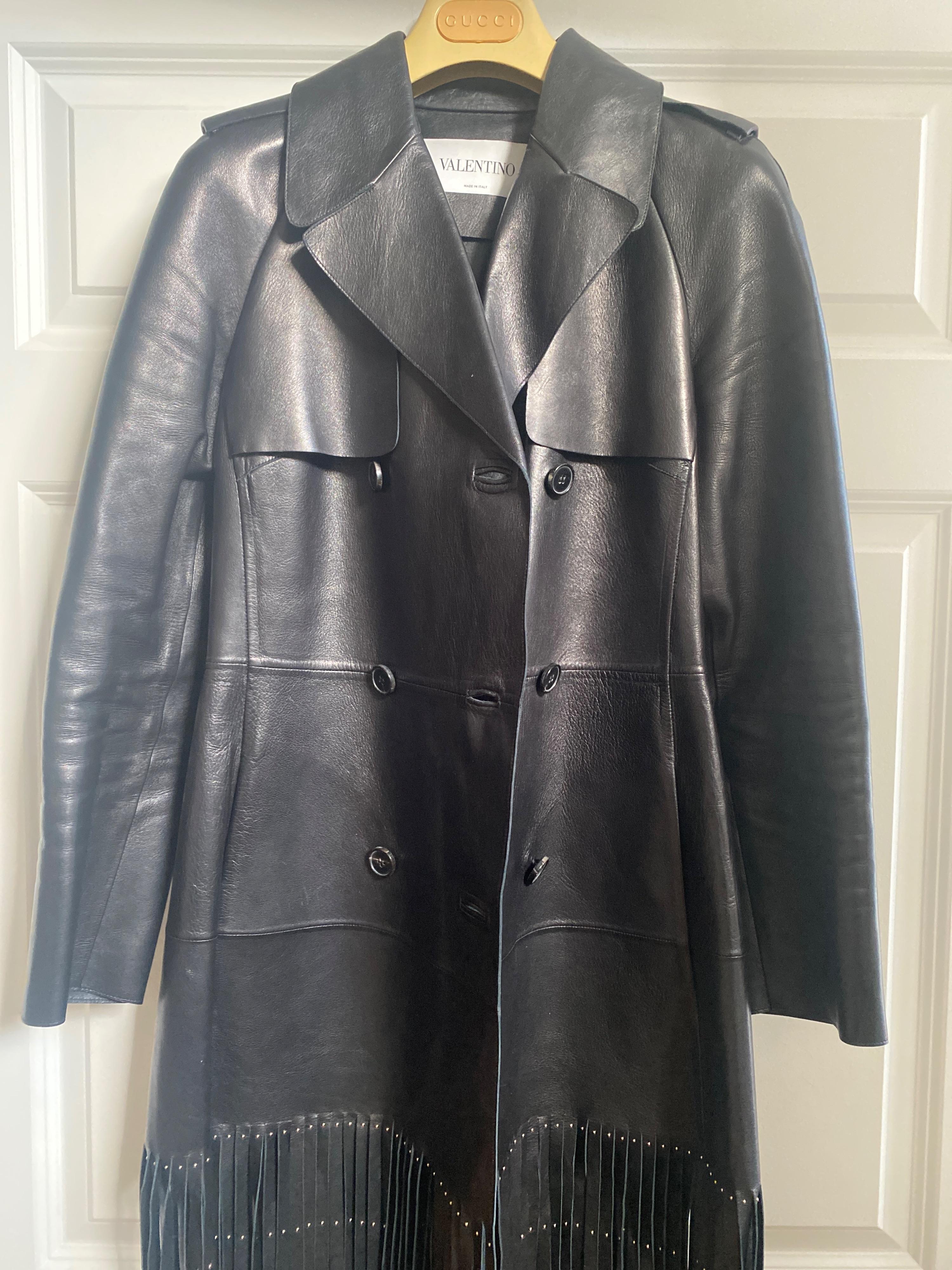Valentino Black Leather Trench Coat with Fringe Detail