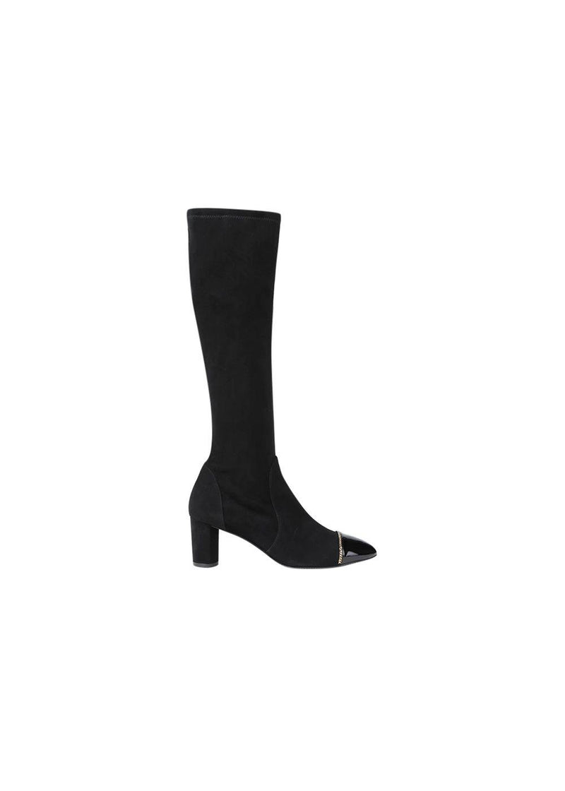 Valerie 60 chain-trimmed patent-leather and stretch-suede knee boots