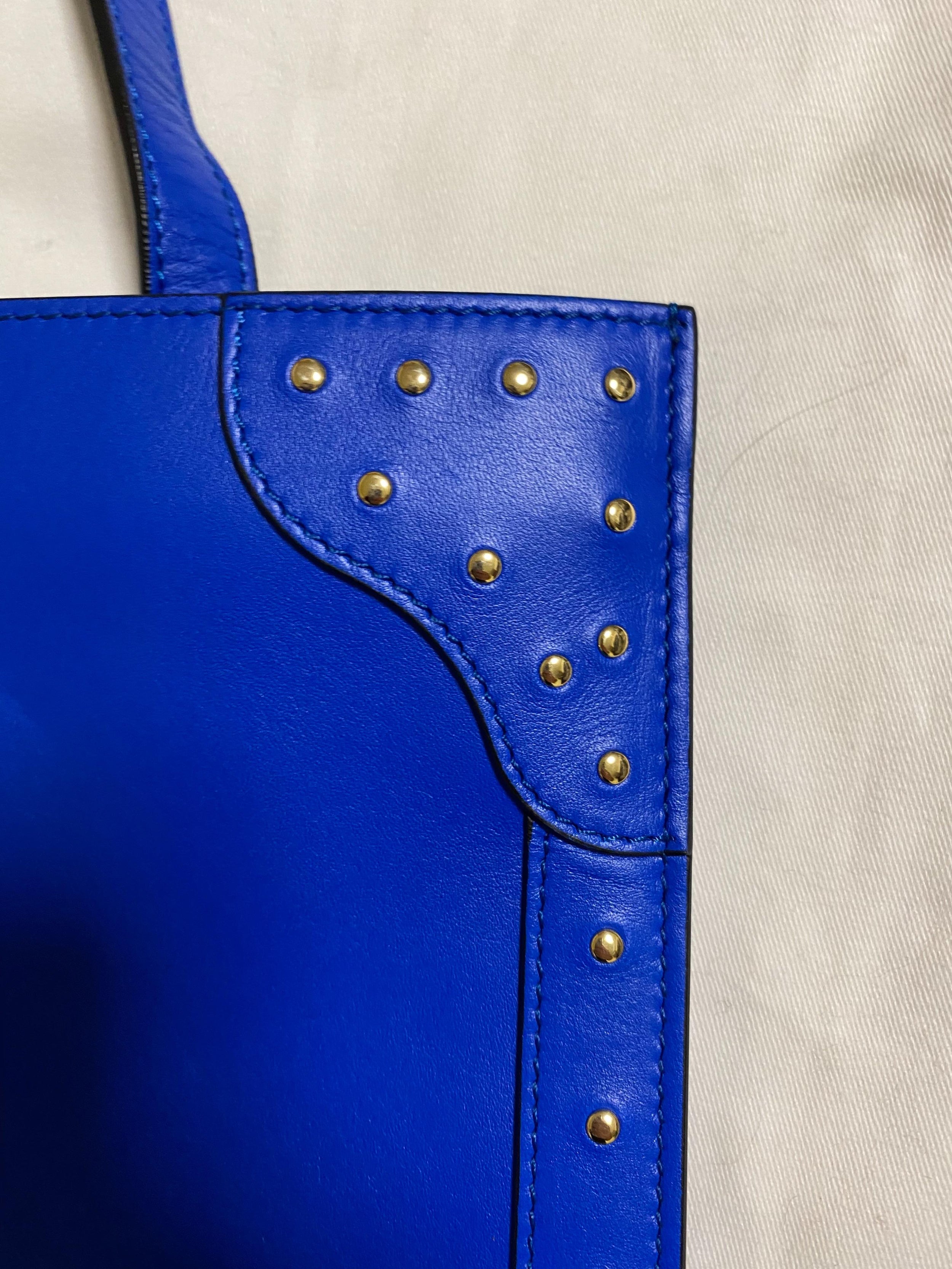Blue Studded Leather D-Ring Tote